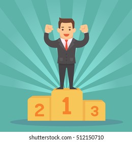 Businessman proudly standing on the winning to number 1 podium flat style vector cartoon illustration