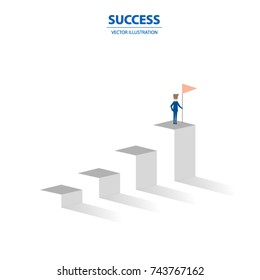 Businessman proudly stands on the top of graph columns. A concept of winner, success, motivation. Vector illustration.