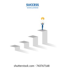 Businessman proudly stands on the top of graph columns. A concept of winner, success, motivation. Vector illustration.