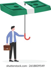 Businessman provides protection of money umbrella for his companion, protection of funds and property,

