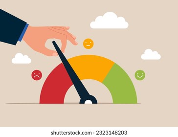 Businessman pull the arrow to make rating gauge to be excellent. Performance rating or quality control and improvement. Flat vector illustration