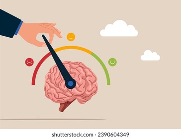 Businessman pull the arrow on brain. Self-assessment, find plan, goals life. Modern vector illustration in flat style