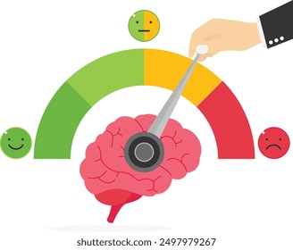 Businessman pull the arrow on brain. Self-assessment, find plan, goals life. Modern vector illustration in flat style


