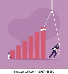 Businessman pull up the business graph with rope and reel, growth and profit, business improvement 