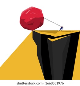 Businessman Pull Huge Stone On The Cliff. Business Problem Crisis Hardship And Burden Concept. Cartoon Vector Illustration.