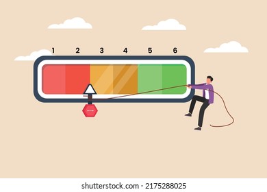 Empresario tire de la aguja hasta la escala de barras verde. Concepto de clasificación de productos. Ilustración vectorial plana aislada. 