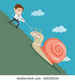 Businessman pull slow snail, vector illustration cartoon
