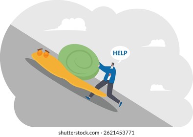 Businessman pull slow snail with word help,