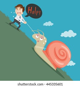 Businessman pull slow snail with word help, vector illustration cartoon