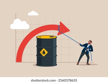 Businessman pulling the arrow down. Decline in oil prices. Limiting the rise in energy prices. Modern flat vector illustration.