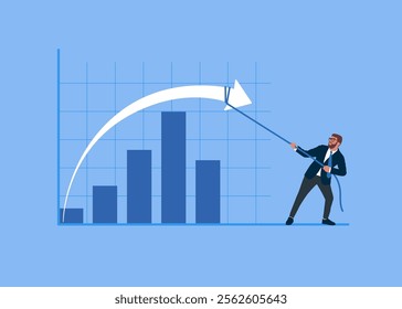 Businessman pulling the arrow down. Decline. Limiting the rise in prices.  Investment profit growth, financial advisor. Make money to get rich or increase earning. Flat vector illustration.