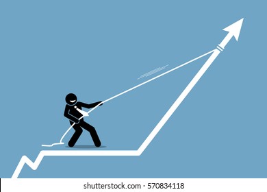 Businessman pulling arrow graph chart up with a rope. Vector artwork depicts gain, profit, boost, and reward. 