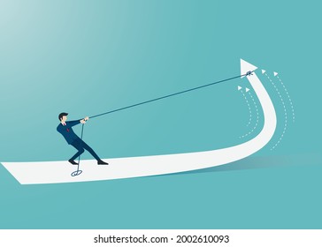 Businessman pulling arrow with rope and making it raise up. Marketing and finance concept. Symbol arrow of success. Leadership, Achievement, Vector illustration flat