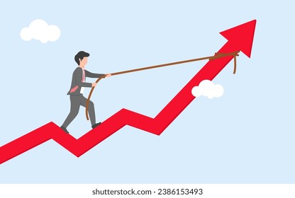 Businessman pulling arrow with rope and making it raise up. Growth chart concept. Change statistic in positive way