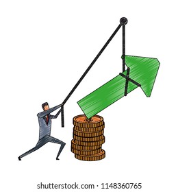 Businessman pulling arrow up with rope scribble