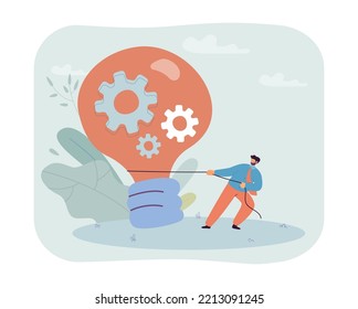 Businessman pulling big light bulb with gears inside. Business innovation of tiny person flat vector illustration. Inspiration, entrepreneurship concept for banner, website design or landing web page