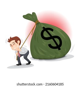   Businessman pulling a big money bag, Money  under control, illustrator vector cartoon drawing