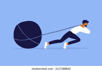 Businessman Pulling Big Stone On Rope. Unhappy Man Drags Rock Heavy Boulder. Hard Work, Job Task, Business Problem. Sad Tired Office Person. Male Debt, Struggle Or Effort. Hardship Vector Illustration