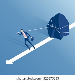 Businessman Pulling A Big Stone Or Rock Isometric Vector Illustration, Business Concept Of Hardship And Burden