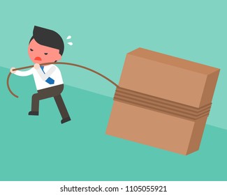 Businessman pulling block with rope to road slope, flat design