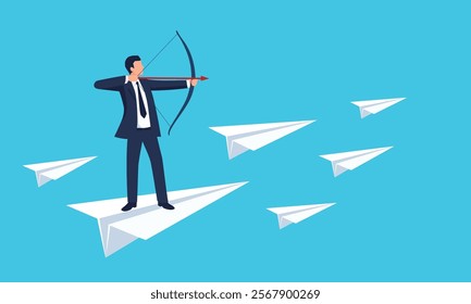 A businessman pulling a bow while standing on a paper airplane, marketing concept illustration, vector