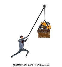 Businessman pulling box with gears and bulb inside scribble