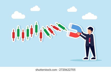 Hombre de negocios que tira del gráfico del candelero con un imán que ilustra la ganancia o la pérdida del corte en el comercio de valores