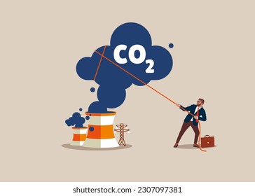 Businessman pulling the Carbon, Reducing CO2 Level. Stop air pollution, co2 , ecological problems. Cutting harmful industry emissions. Modern vector illustration in flat style