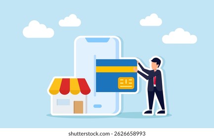 Businessman pulling card from smartphone beside store digital finance illustration