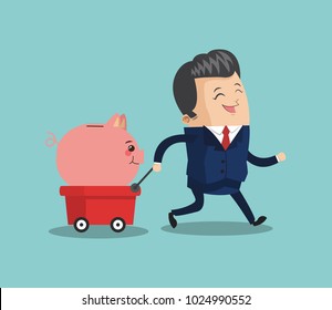 Businessman pulling cart with savings