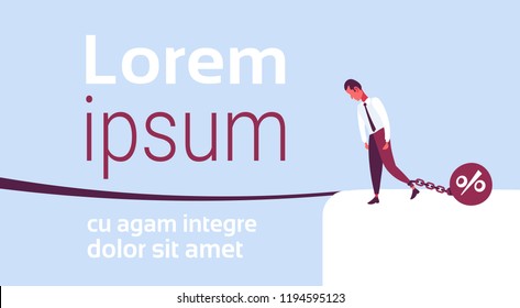 businessman pulling chain bound leg credit debt percent bomb finance crisis problem solution concept gap cliff bridge mountain flat male cartoon character horizontal copy space vector illustration