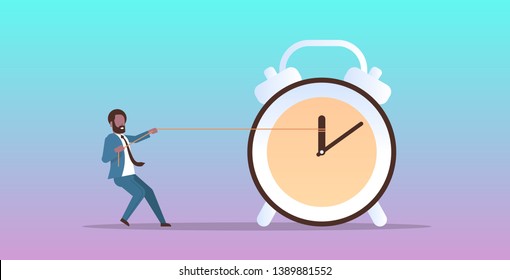 businessman pulling clock arrow deadline time management concept african american business man in suit pushing back hour hand horizontal flat male character full length