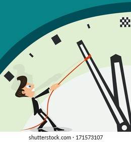 Businessman Pulling A Clock Hand Backwards 