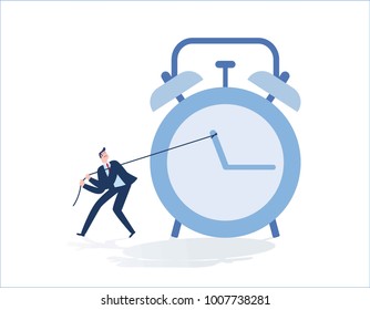 Businessman pulling clock in time management.business conceptBusiness people vector flat design illustration background.