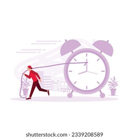Empresario haciendo un reloj en el concepto de gestión del tiempo. El emprendedor intenta retrasar el tiempo para hacer ese importante plazo. Concepto de gestión del tiempo. Ilustración plana vectorial moderna de tendencia