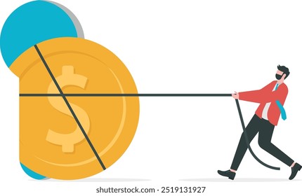 Empresário puxando moedas com corda. conceito de financiamento start-up

