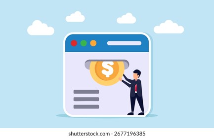Hombre de negocios tirando de la moneda del dólar de la ilustración de la aplicación de tomar el beneficio del negocio en línea