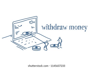 businessman pulling dollar coin out laptop monitor withdraw money concept business cash out teamwork sketch doodle horizontal vector illustration