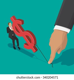 businessman pulling dollar sign, the other end of the rope holding a big hand for business competition design. Isometric flat style illustration.  Isolated on  white background