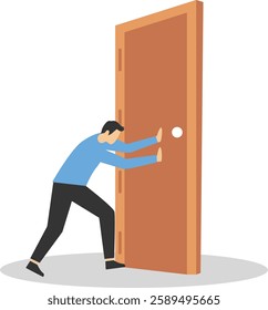 Businessman pulling door with rope, facing big problem. Struggles in market competition. Flat vector illustration

