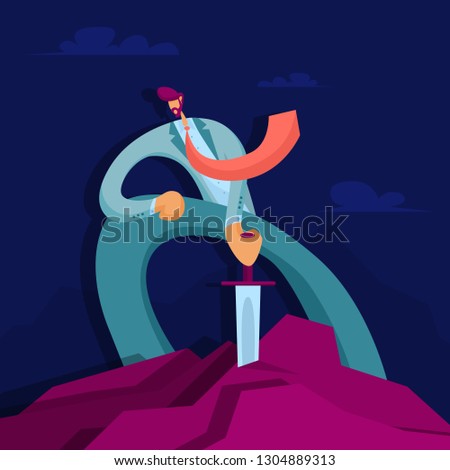 Businessman pulling Excalibur sword out from the stone. Concept success. Vector illustration in flat style