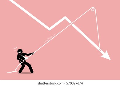 Businessman pulling a falling arrow graph chart from further dropping down. Vector artwork depicts economy crisis, downturn, financial pressure, and burden.