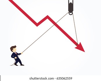Businessman pulling a falling arrow graph chart from further dropping down. Vector illustration for business design and infographic.