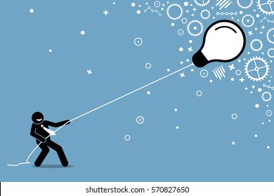 Businessman pulling a flying floating light bulb on a string. The big light bulb emits ideas all over the place. Vector artwork depicts pulling business idea, putting thoughts, and innovation. 