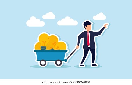 A businessman pulling a freight train filled with stacks of lamps, illustration of gaining business ideas and innovations to be applied in business