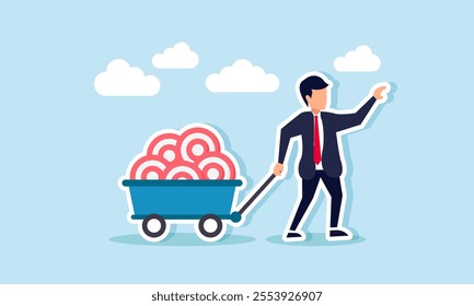 A businessman pulling a freight train filled with stacks of target boards, illustration of completing and achieving business targets