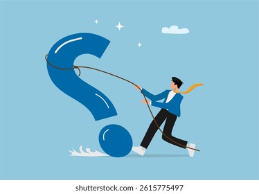 Businessman Pulling Giant Question Mark with Rope to Solve Problem. Vector Illustration Concept of Curiosity, Problem Solving, and Seeking Answers.