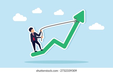Empresário puxando um gráfico verde com uma corda para manter a seta apontando para cima, ilustrando os esforços para melhorar o desempenho e a produtividade dos negócios