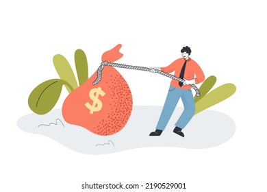 Businessman pulling heavy big bag of money by rope. Tiny man dragging sack of cash dollars flat vector illustration. Burden, budget, wealth concept for banner, website design or landing web page