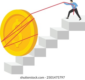Businessman pulling heavy big dollar coin up stair case. Achieving financial freedom, economic forecast concept. Flat vector illustration

